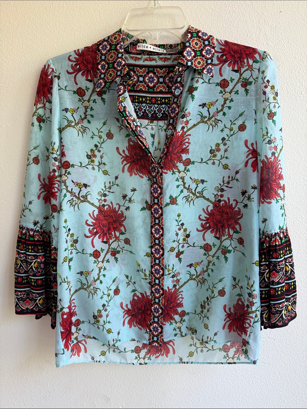 Alice + Olivia Rana Blue Floral Silk-Cotton Ruffle Sleeve Blouse XS - Picture 4 of 8